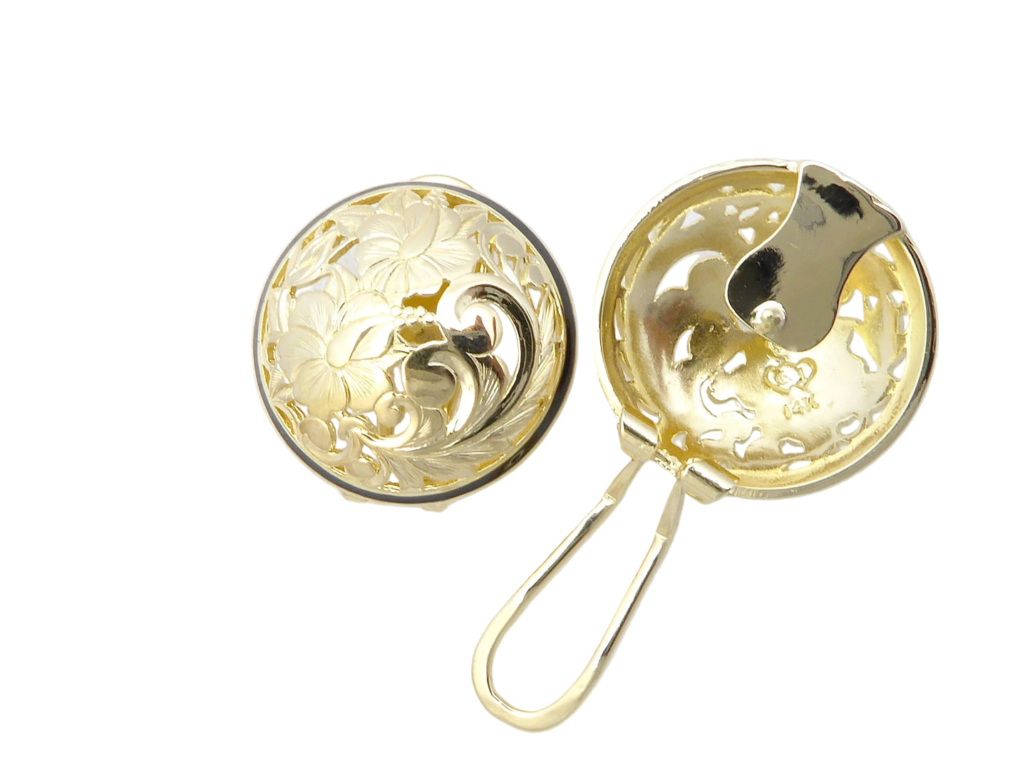 Hawaiian 14K Gold large 14K gold Hibiscus cut-out earring featuring intricate floral design, elegant jewelry piece.