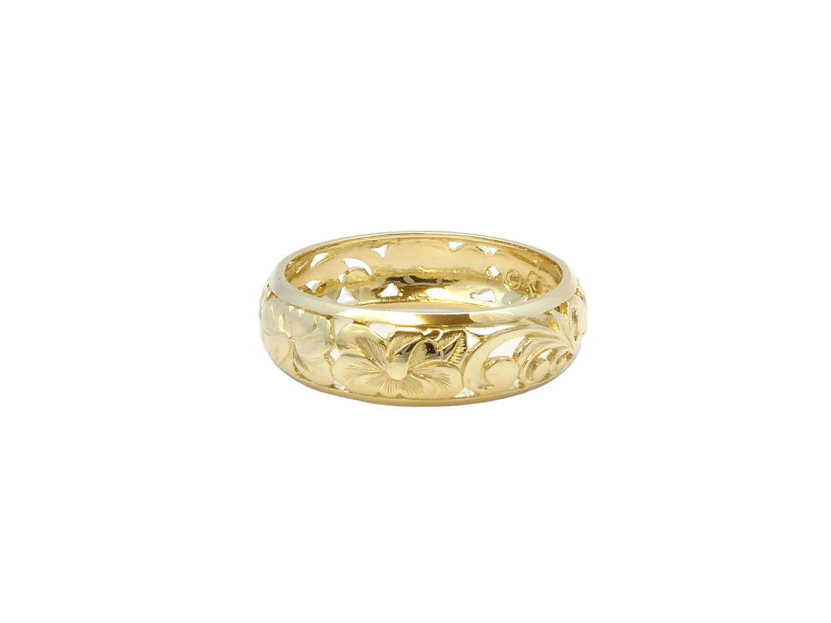 Hawaiian 14K Gold hibiscus dome ring with a 6mm band, featuring intricate hibiscus flower design.