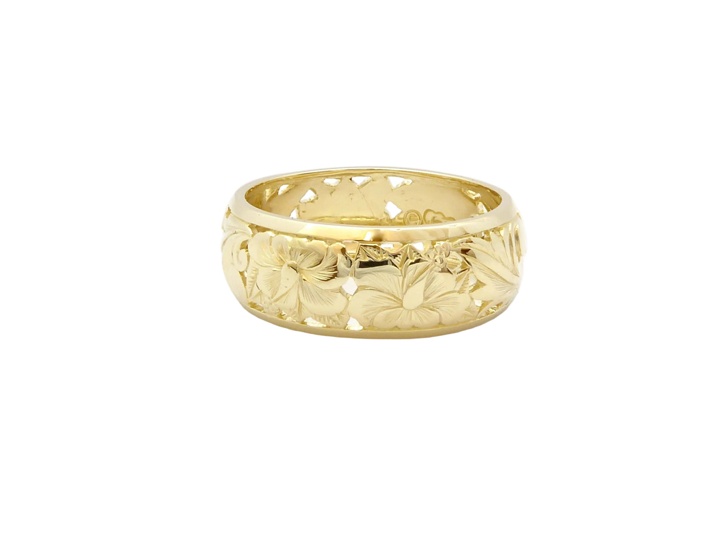 Hawaiian 14K Gold hibiscus dome ring with 8mm design, featuring a floral motif.