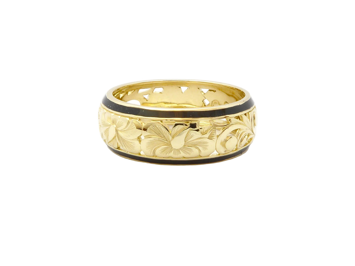 Hawaiian 14K Gold hibiscus dome ring with an 8mm floral design, polished finish.