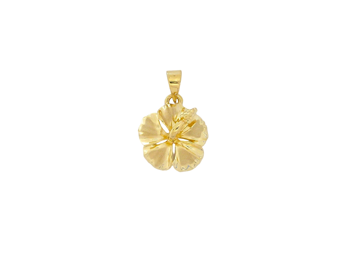 Hawaiian 14K Gold hibiscus pendant with intricate floral design.