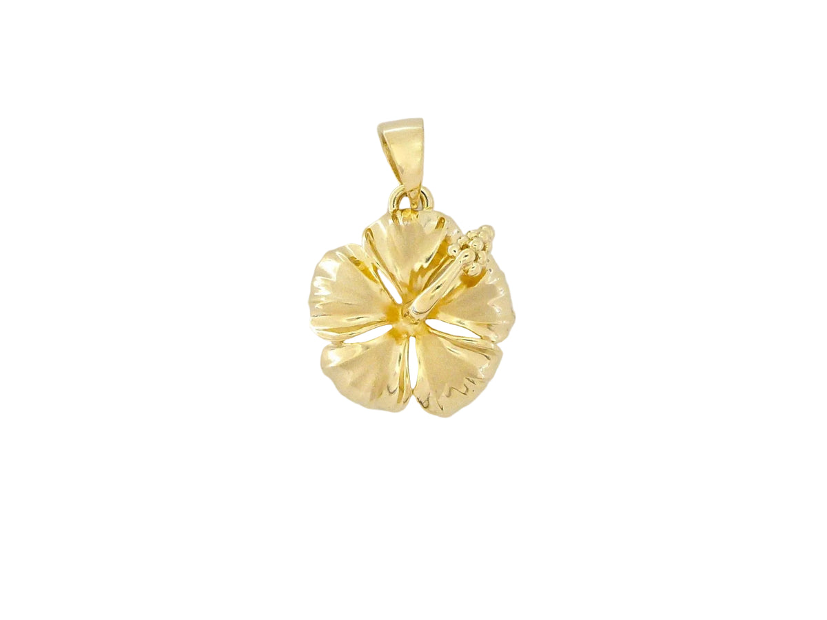 Hawaiian 14K Gold hibiscus pendant with intricate flower design.
