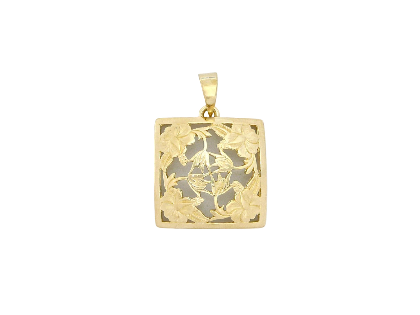 Large 14K gold hibiscus quilt pendant with detailed floral design, perfect for elegant jewelry accents.