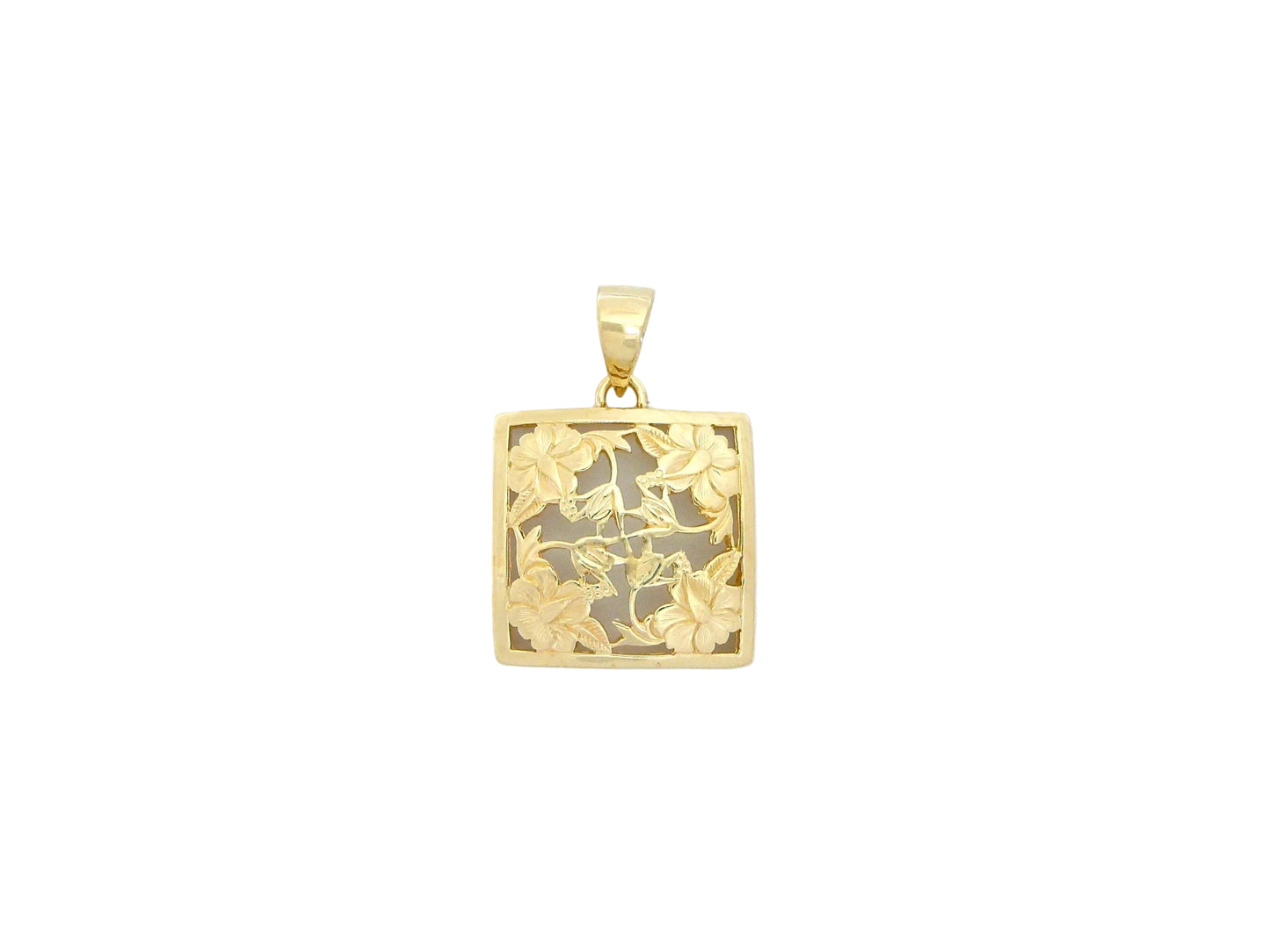 Small 14K gold hibiscus quilt pendant, delicate floral jewelry piece with intricate design, perfect for elegant accessories.
