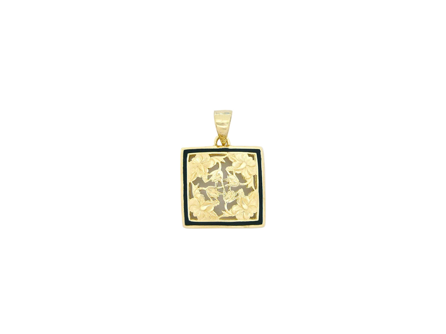 Small 14K gold hibiscus quilt pendant featuring intricate floral design, perfect for delicate jewelry and everyday wear.