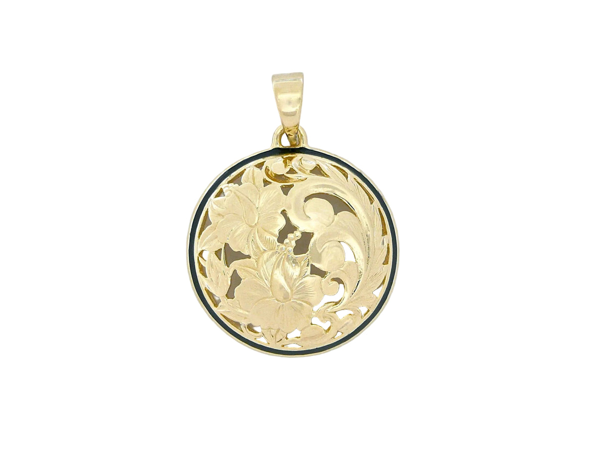 Hawaiian 14K Gold large 14K gold hibiscus round cut-out pendant with intricate floral design.