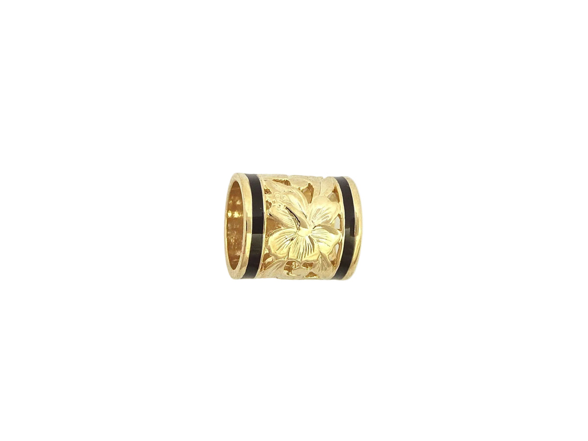 Hawaiian 14K Gold hibiscus tube pendant with a 10mm bead, featuring a butterfly bail, jewelry.