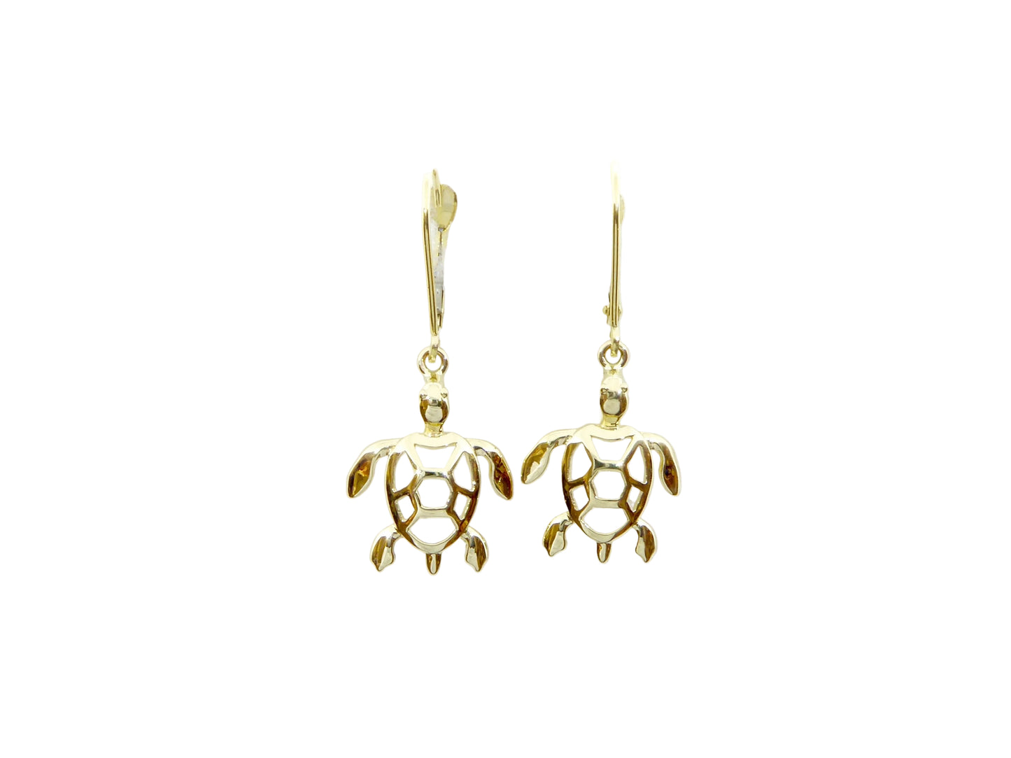 Hawaiian 14K Gold medium 14K gold Honu leverback earring featuring a turtle design.