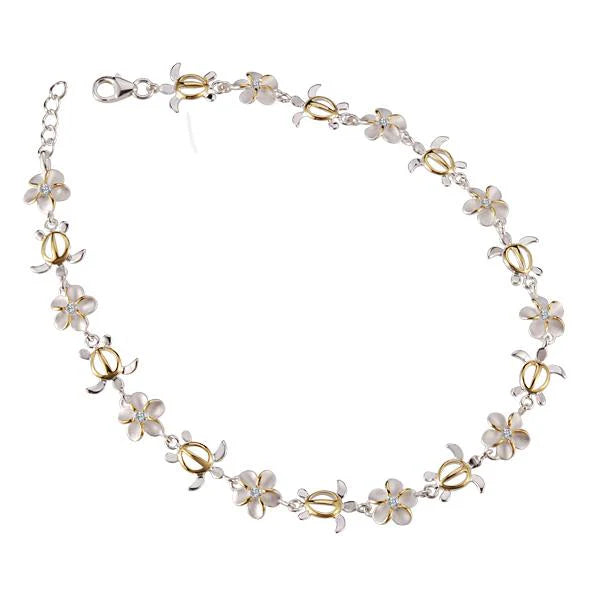 Hawaiian 925 Sterling Silver honu Plumeria CZ anklet featuring a turtle and flower design, handcrafted jewelry.