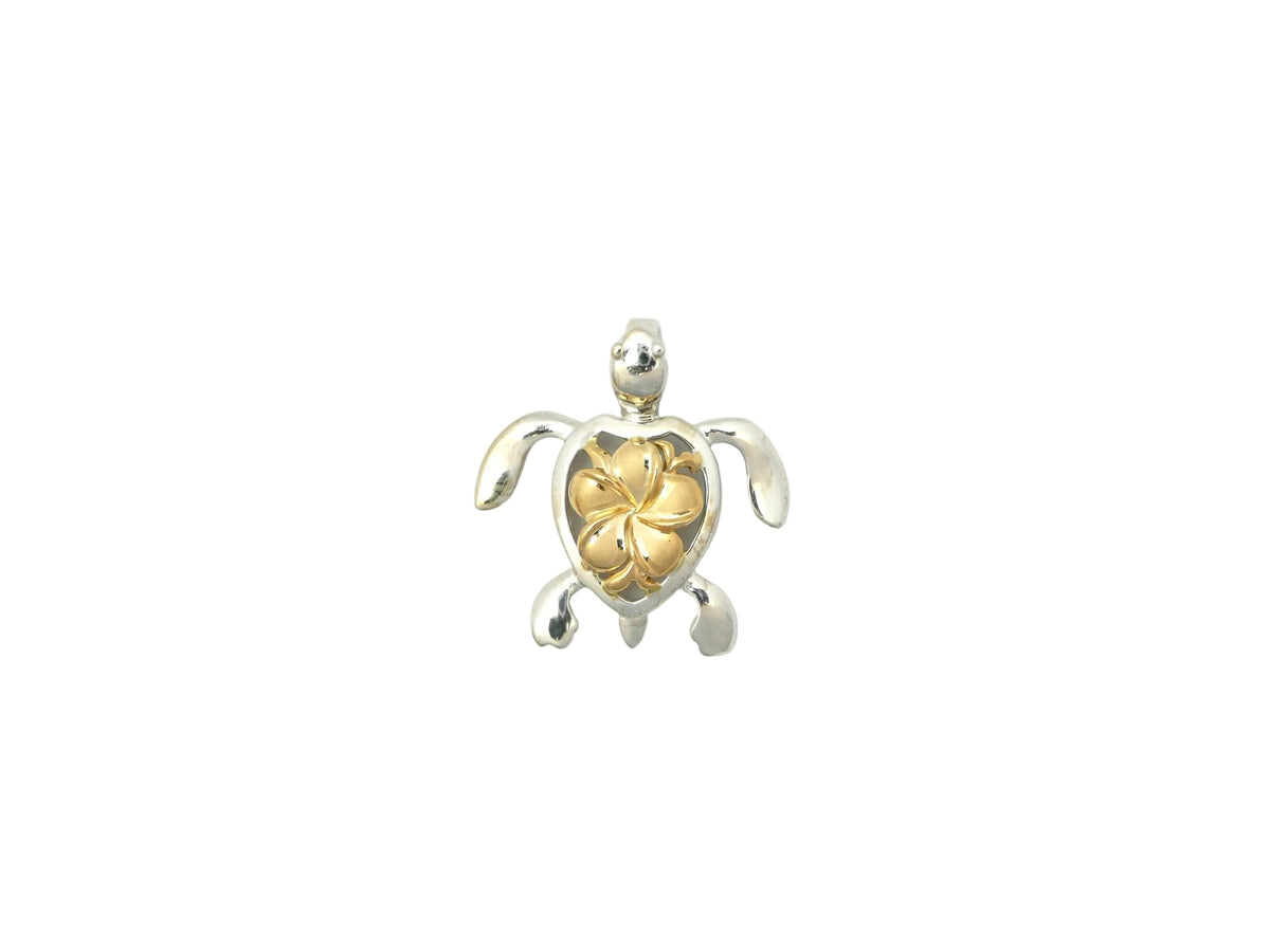 Hawaiian 14K Gold honu Plumeria Pendant with intricate floral design.