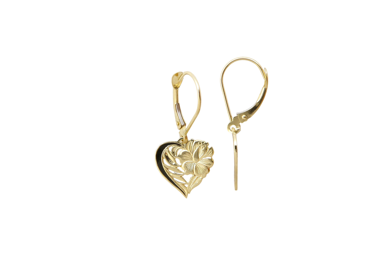 Hawaiian 14K Gold leialoha Heart lever-back earring featuring a delicate heart design.