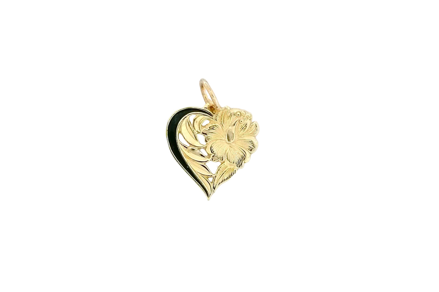 Hawaiian 14K Gold leialoha pendant featuring intricate floral design, hanging from a delicate chain.