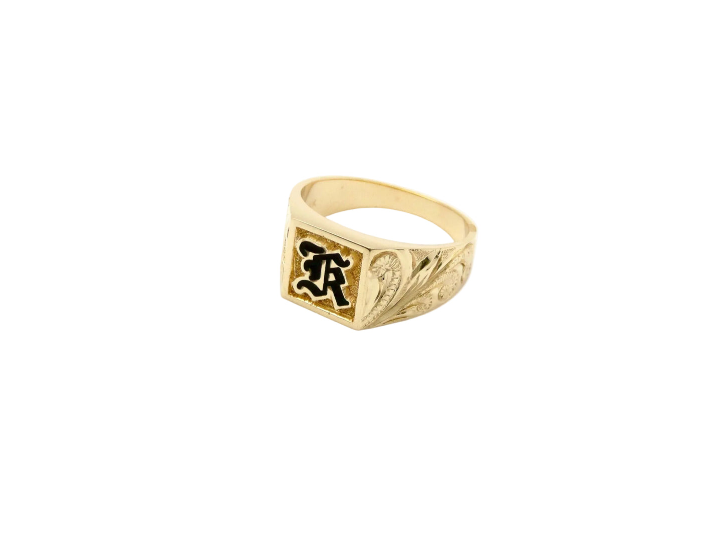 Hawaiian 14K Gold men's square ring with initial engraving, featuring a sleek design and polished finish.