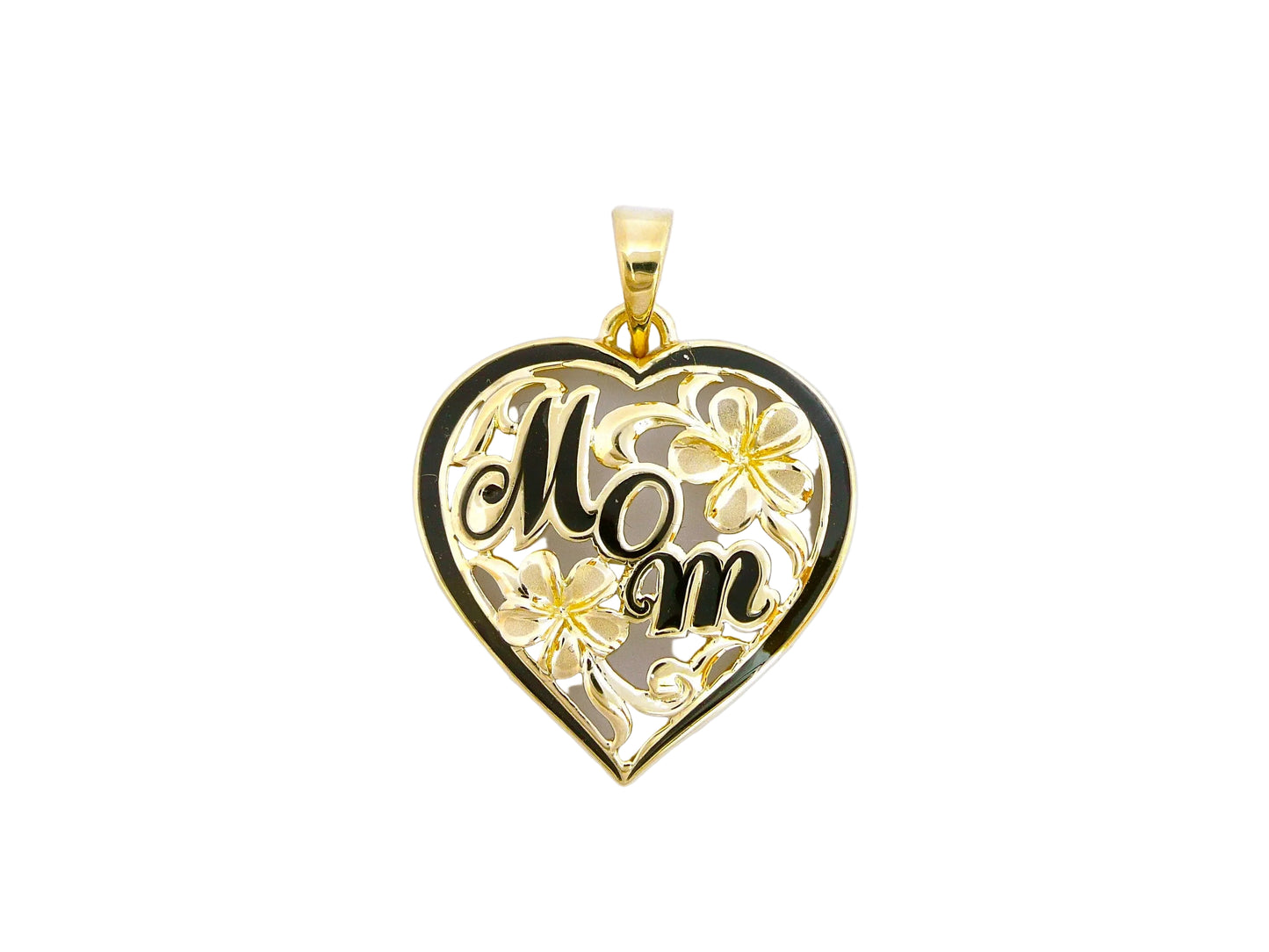 Hawaiian 14K Gold mom Heart Plumeria pendant with delicate floral design, symbolizing love and motherhood, jewelry.