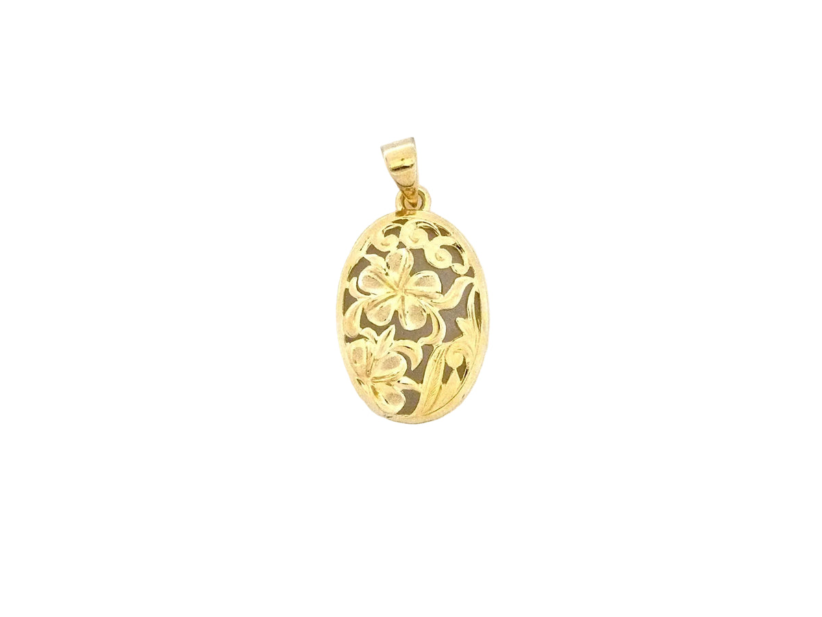 Hawaiian 14K Gold oval Plumeria pendant, medium size, featuring a detailed floral design, suitable for necklaces or jewelry.