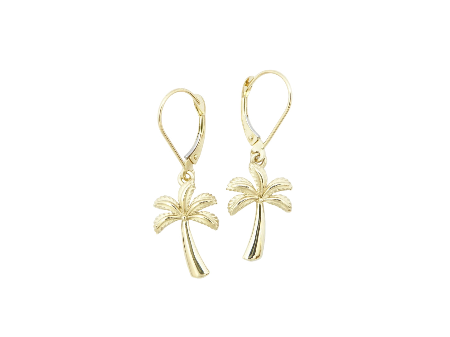 Hawaiian 14K Gold palm tree leverback earring featuring detailed palm tree design for a stylish accessory.