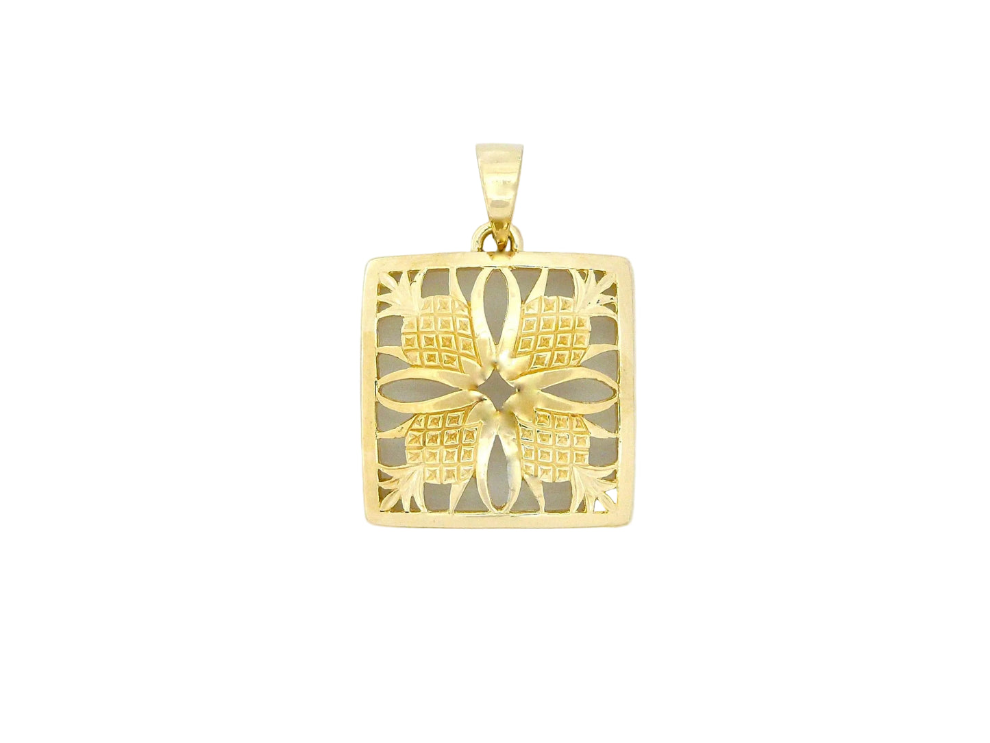 Large 14K gold pineapple quilt pendant with detailed design, perfect for jewelry collection.