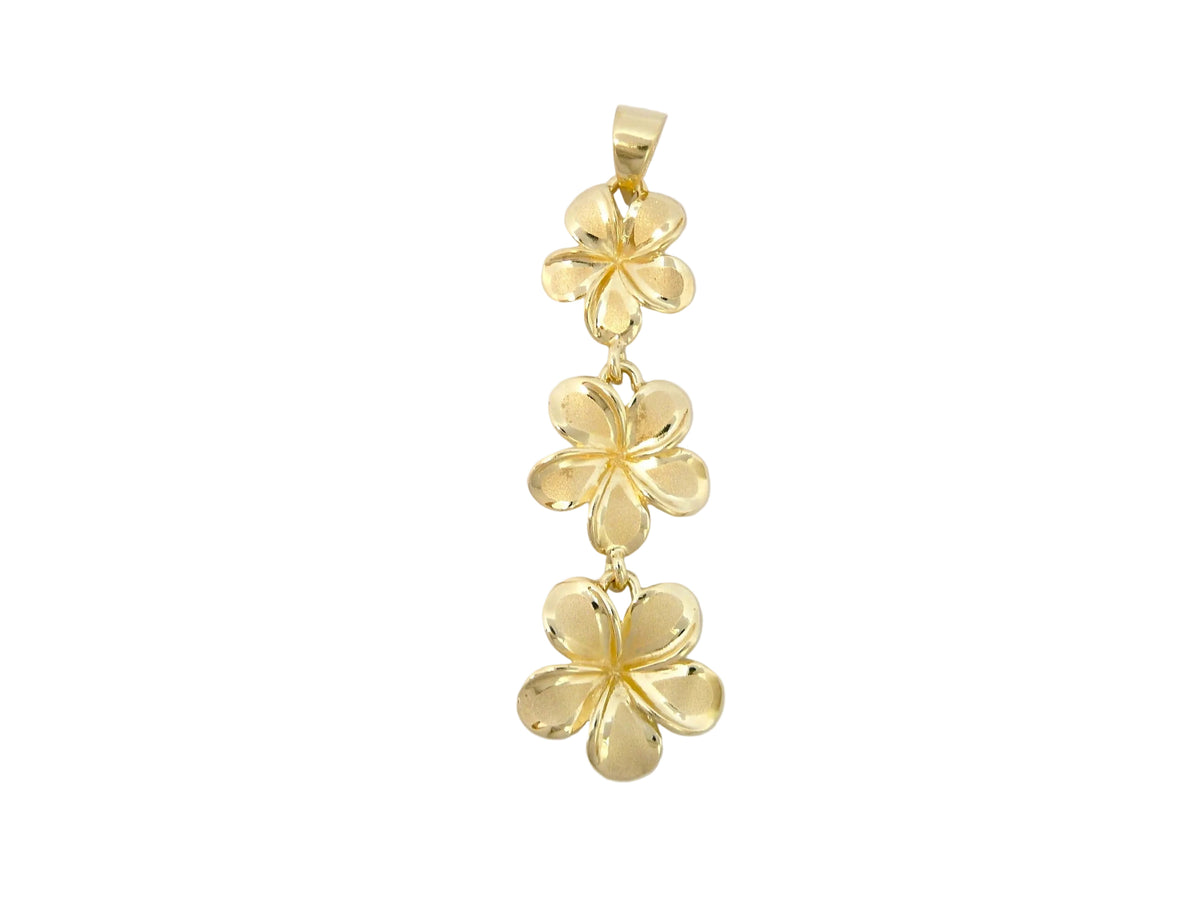 Hawaiian 14K Gold plumeria #2, 3, 4 pendant featuring detailed floral design.