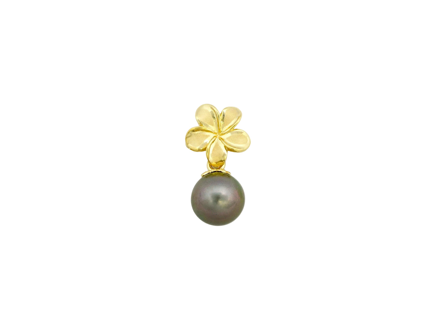 14K gold Plumeria black pearl drop pendant with floral design from Ashley's Gift Shop, featuring elegant black pearl and gold details.