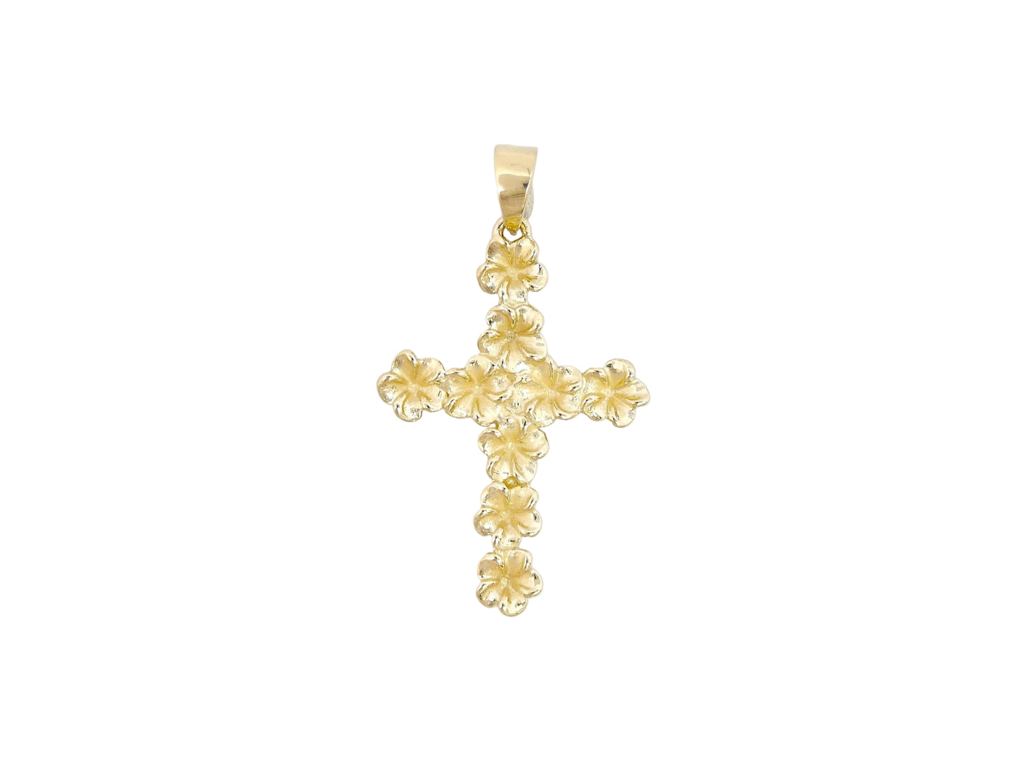 14K gold Plumeria Cross pendant featuring a delicate flower design, crafted for elegant jewelry.
