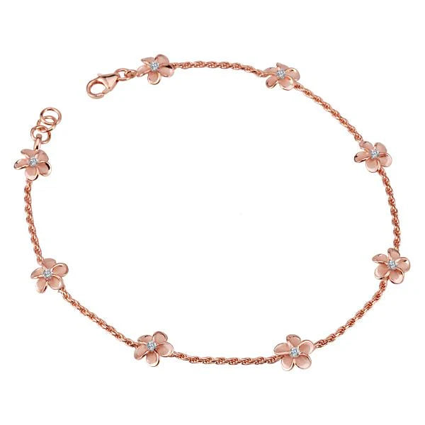 Hawaiian 925 Sterling Silver plumeria CZ PG Plated Rope Anklet with 8mm beads, featuring intricate design and floral accents.