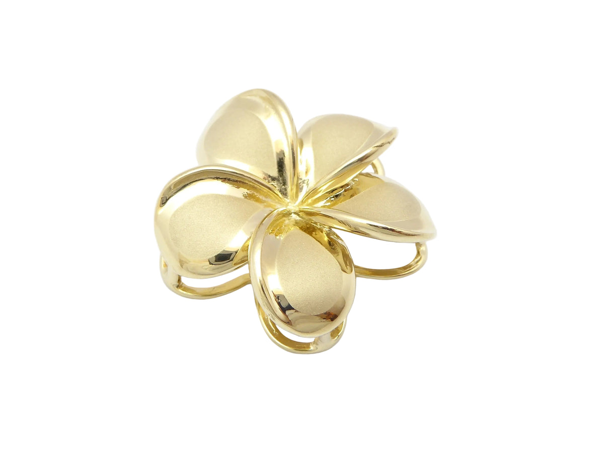 Hawaiian 14K Gold plumeria Drop Pendant with floral design, featuring a delicate flower shape and a graceful hanging style.