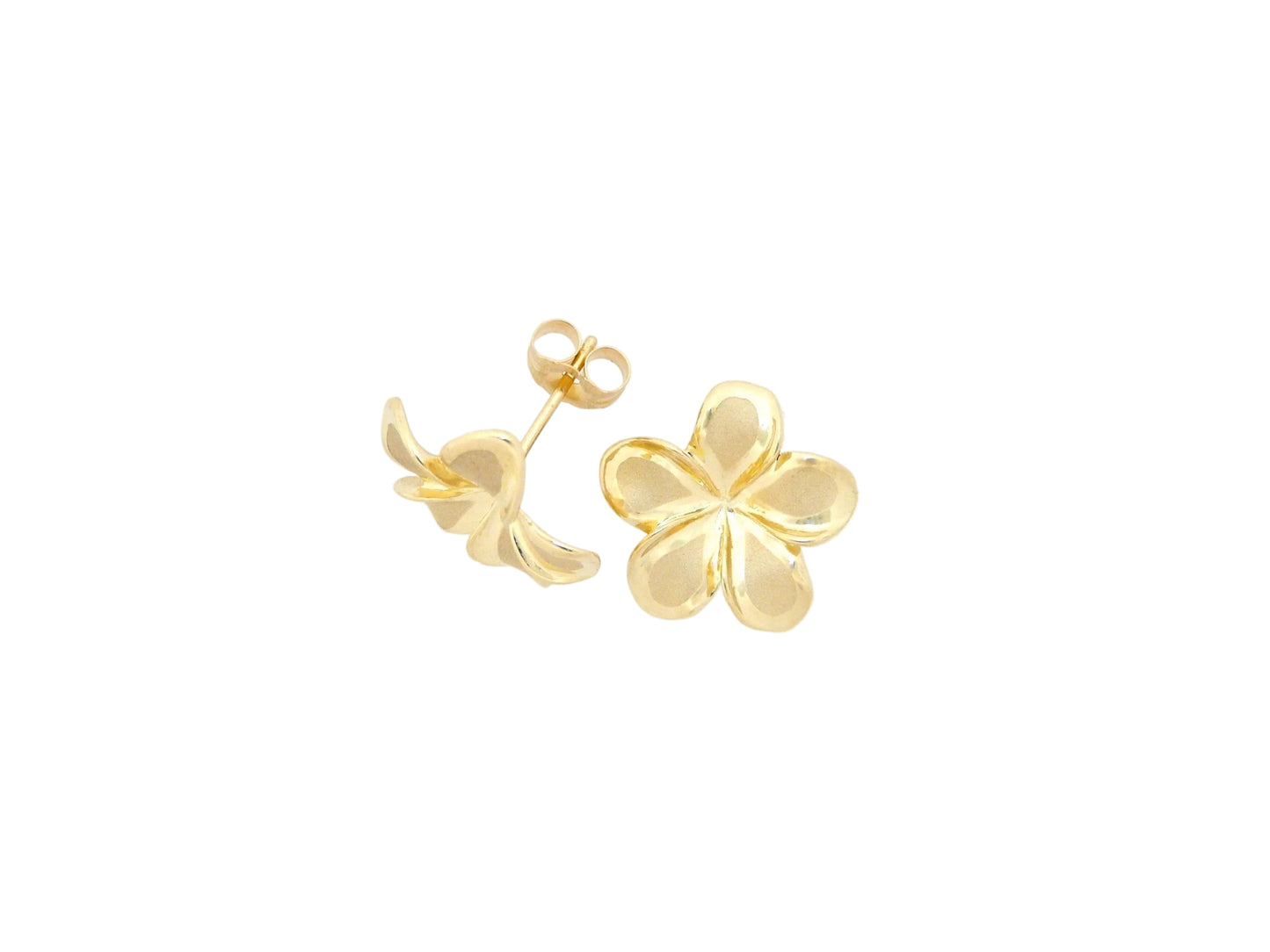 Hawaiian 14K Gold plumeria Earring #4 featuring delicate floral design, shiny gold finish, and intricate craftsmanship.
