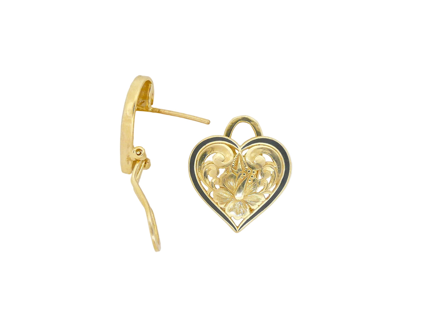 Hawaiian 14K Gold plumeria Heart earring with detailed floral design, visible close-up image.