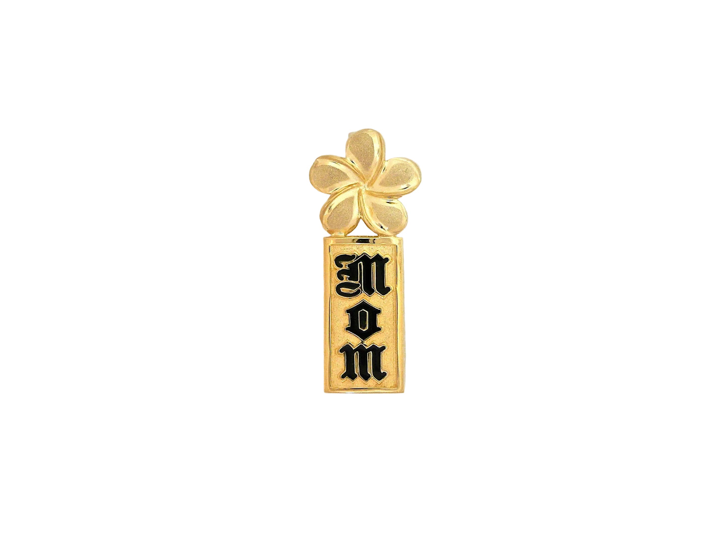 Hawaiian 14K Gold plumeria Mom vertical pendant with floral design.