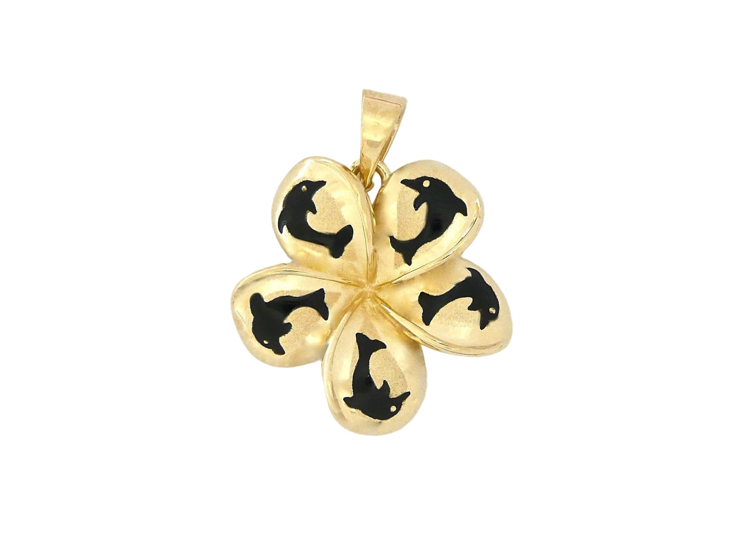 14K gold Plumeria pendant with dolphin design, featuring a #7 charm, crafted by Ashley's Gift Shop.