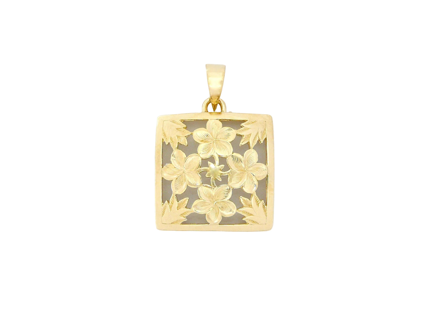 Large 14K gold Plumeria Quilt Pendant with intricate floral design, crafted by Ashley's Gift Shop.