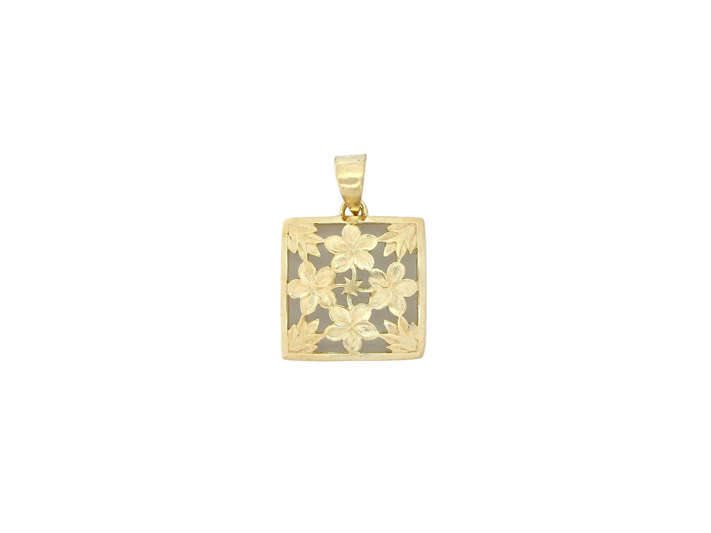 Small 14K gold Plumeria quilt pendant with detailed floral design, perfect for jewelry or necklace accessories.