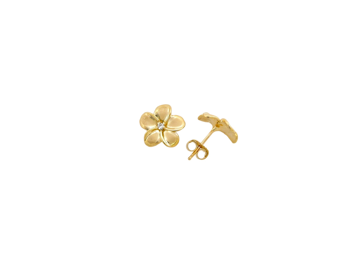 Hawaiian 14K Gold plumeria earring with a 4pt diamond accent, elegant jewelry piece.