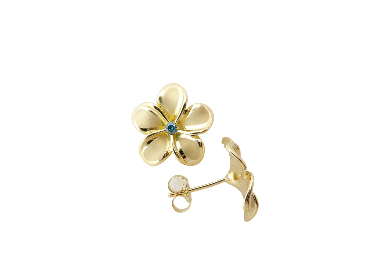 Hawaiian 14K Gold plumeria earring with a 6-point blue diamond, delicate floral design, jewelry.