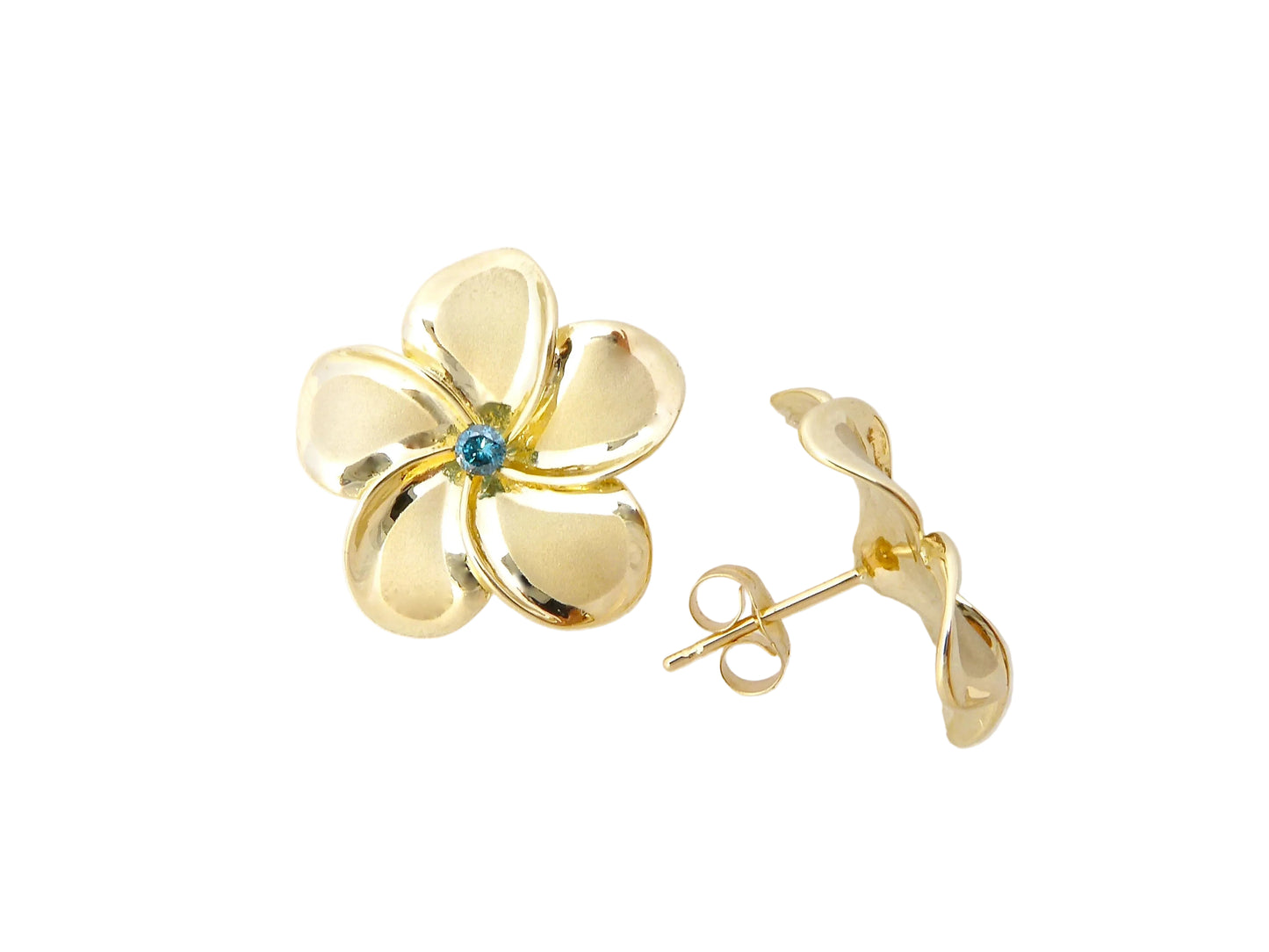 Hawaiian 14K Gold plumeria earring with a 6-point blue diamond, elegant jewelry piece with floral design and sparkling.