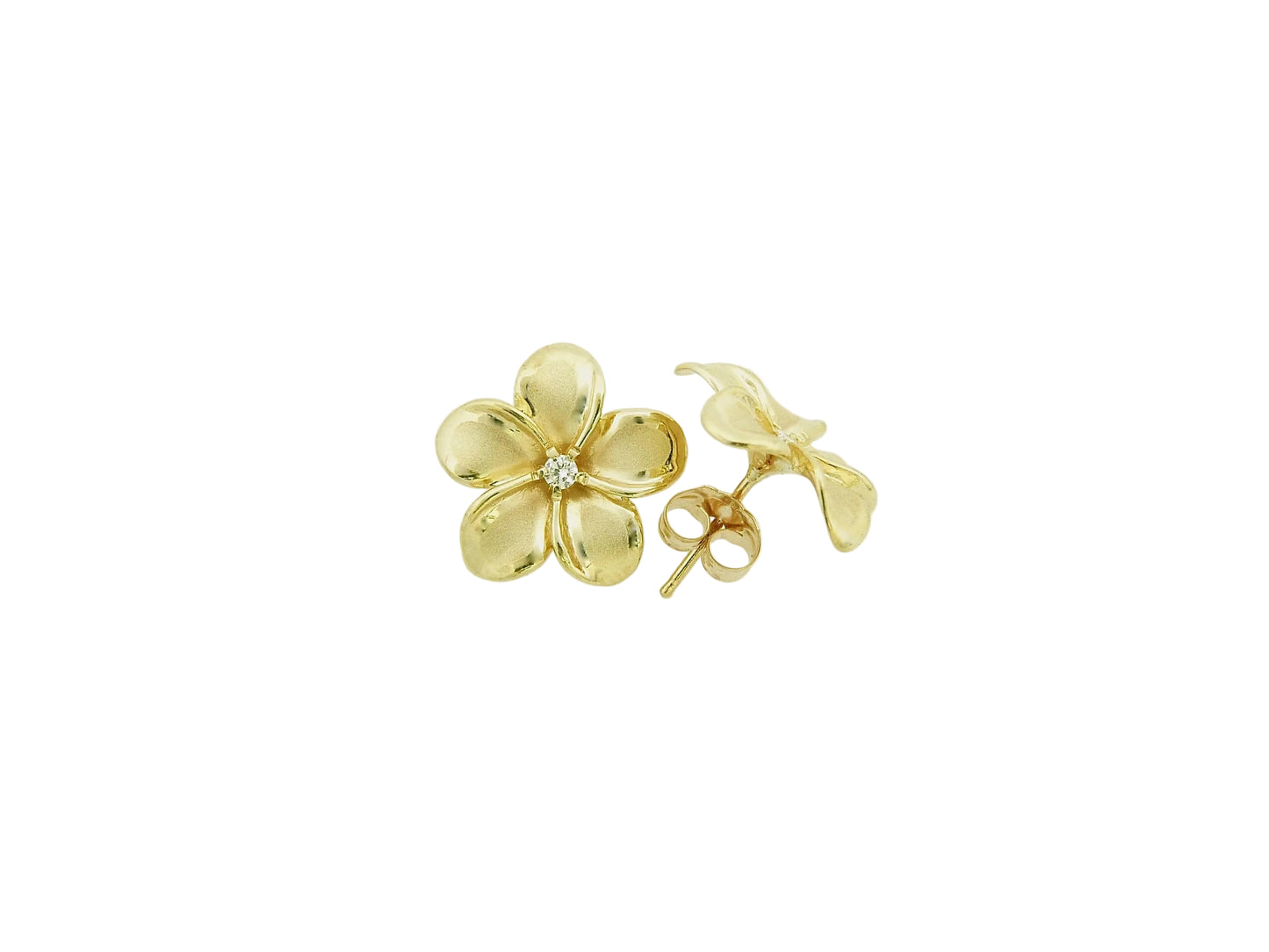 Hawaiian 14K Gold plumeria earring with a 6-point diamond.