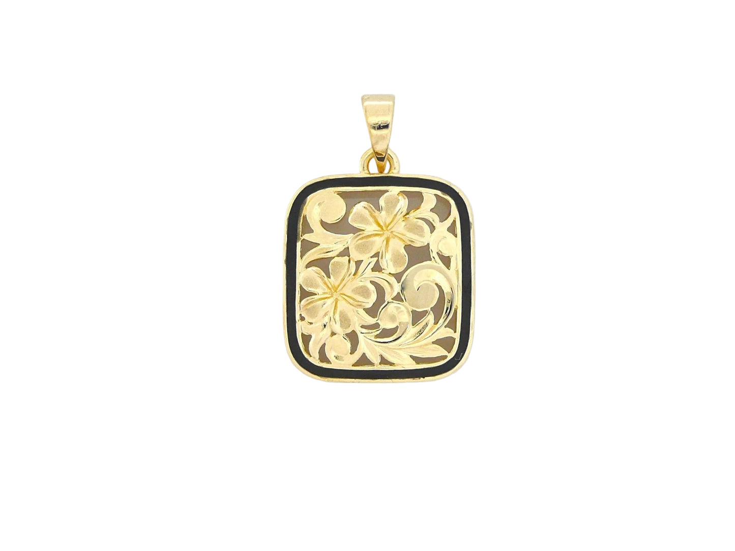 Large 14K gold Puanani Plumeria pendant with intricate floral design, showcased against a neutral background.