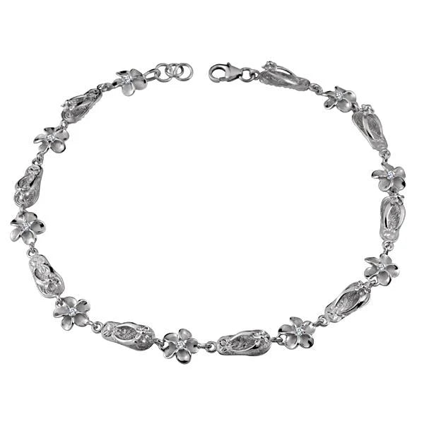 Hawaiian 925 Sterling Silver pumeria CZ slipper anklet with 8mm rhodium finish, featuring delicate floral charm.