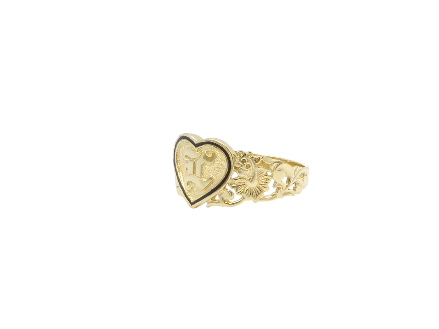 Hawaiian 14K Gold raised heart ring with initial engraving, featuring a delicate heart design and personalized initials.