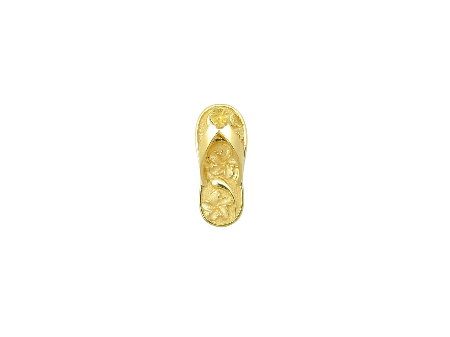 14K gold Plumeria slipper pendant with raised design, featuring intricate floral details and a polished finish.