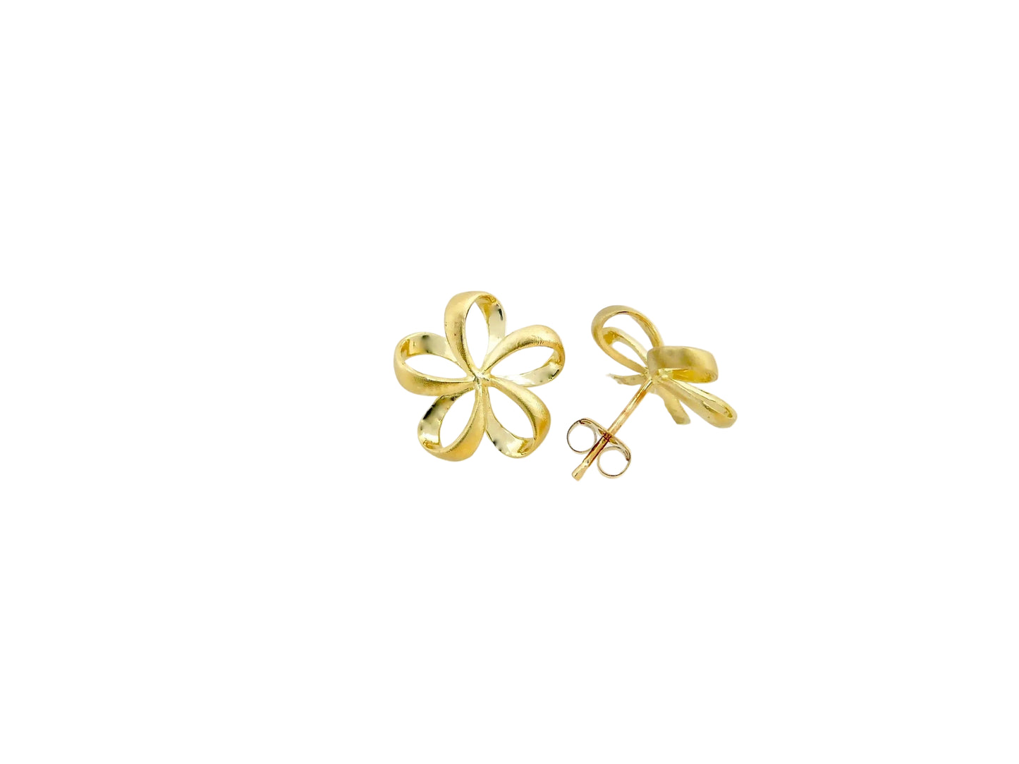 Hawaiian 14K Gold medium 14K gold Ribbon Plumeria earring featuring delicate floral design and elegant craftsmanship.