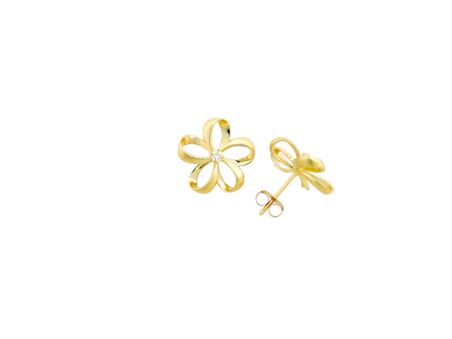 Hawaiian 14K Gold ribbon plumeria earring with a 6-point diamond, medium size, featuring floral design and elegant.