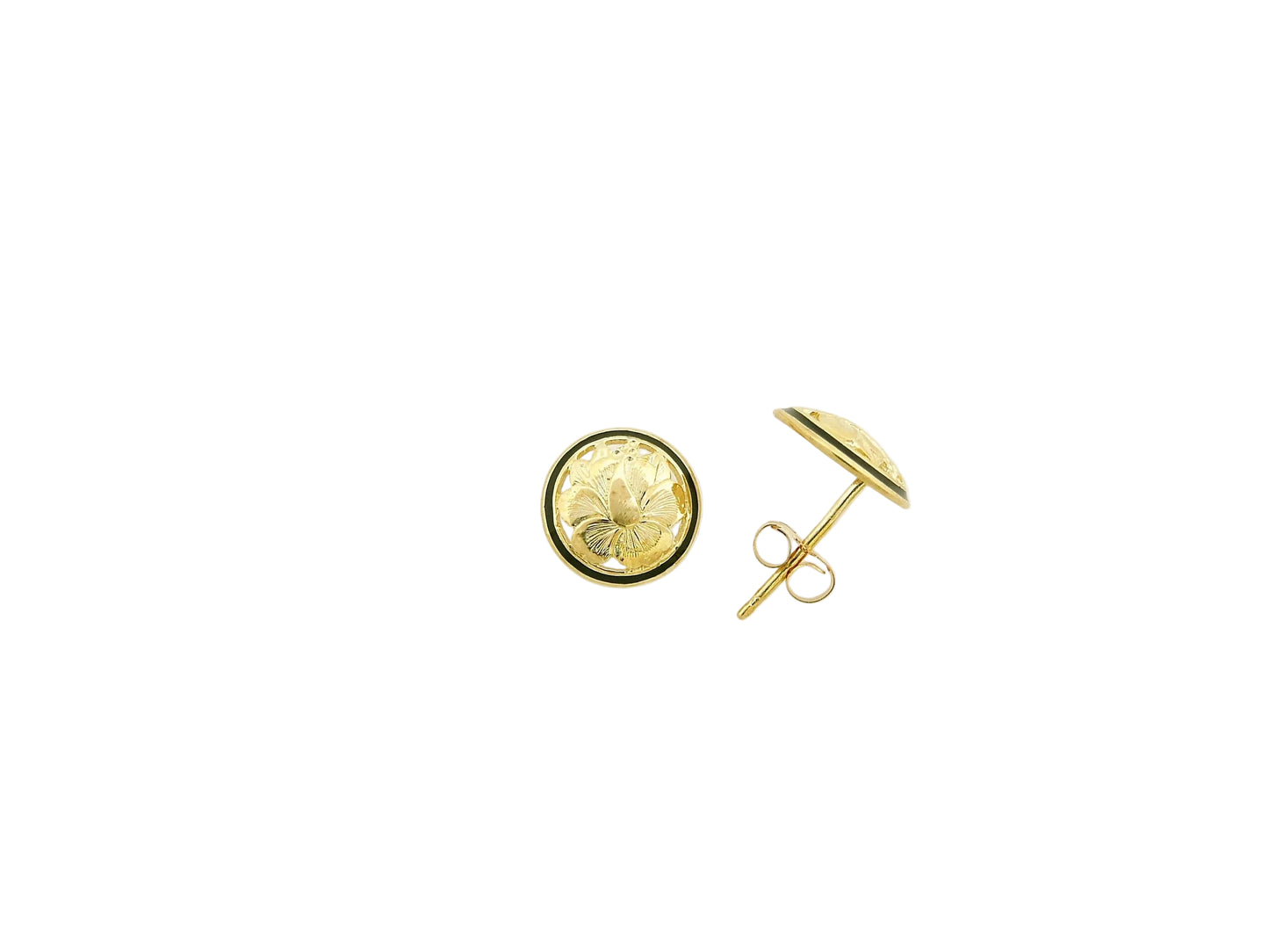Hawaiian 14K Gold small 14K gold round hibiscus cut-out earring with floral design.