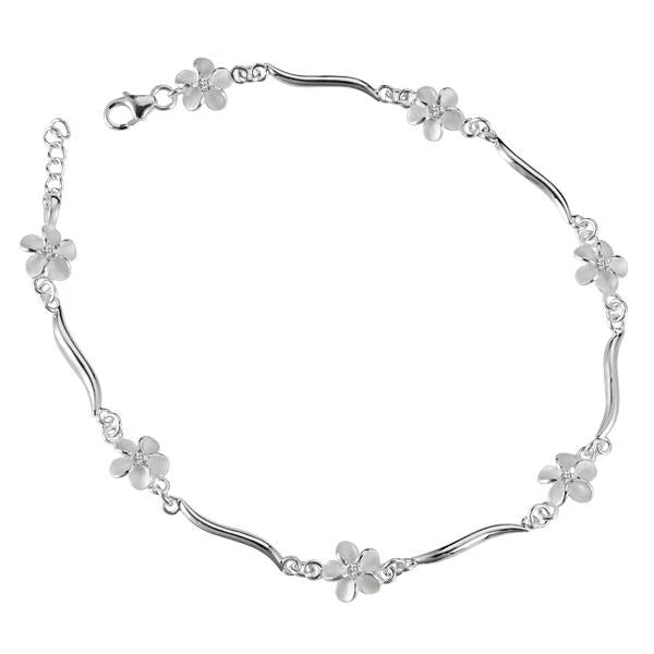 Hawaiian 925 Sterling Silver sAK CZ Plumeria Bar Anklet with 8mm beads, featuring delicate floral design and secure clasp.