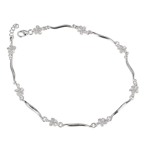 Hawaiian 925 Sterling Silver plumeria CZ bar anklet featuring delicate flower charms, designed for ankle jewelry.