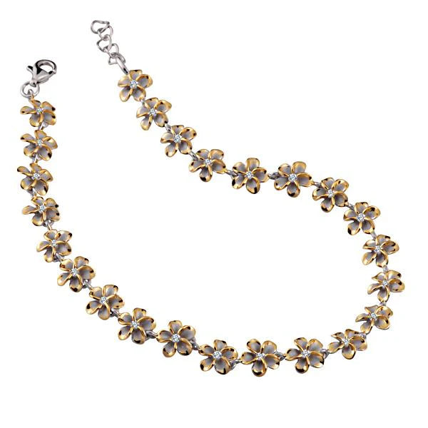 Hawaiian 925 Sterling Silver anklet with yellow gold plating and plumeria design, 8mm width, shiny rhodium finish.