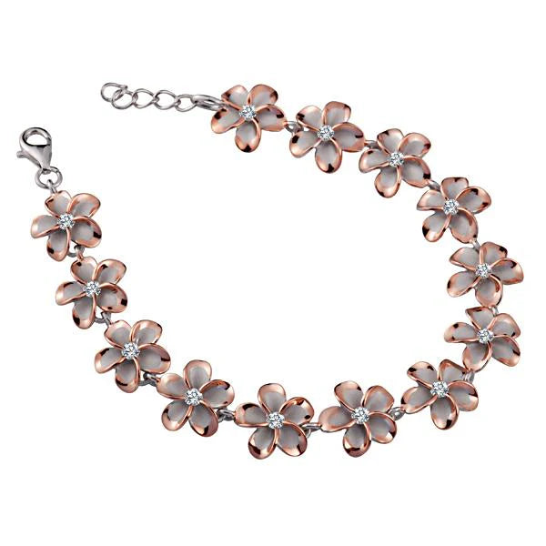 Hawaiian 925 Sterling Silver sBR Plumeria CZ PG plated bracelet with 12mm beads featuring floral design and sparkling cubic.