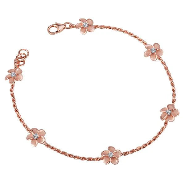 Hawaiian 925 Sterling Silver plumeria PLU clear cubic zirconia rope bracelet with rose gold plating, featuring detailed.