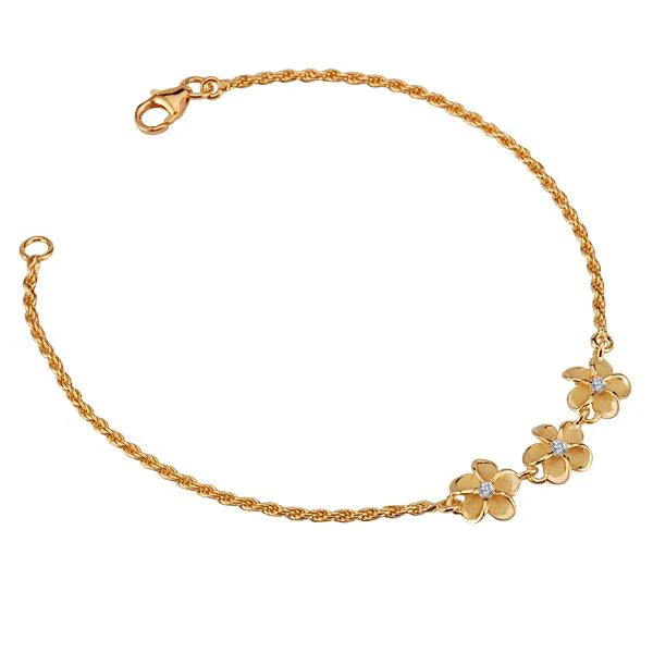 Hawaiian 925 Sterling Silver plumeria CZ Rope bracelet with yellow gold plating, 10mm width, featuring intricate floral.
