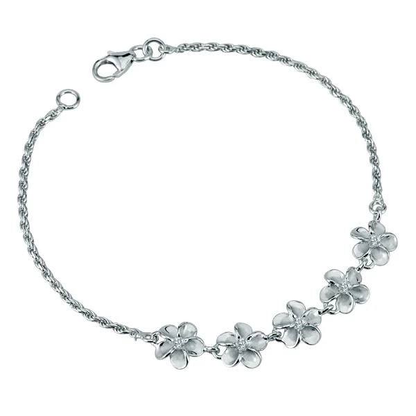 Hawaiian 925 Sterling Silver five Plumeria CZ Rope Bracelet with 8mm beads, featuring floral design and intricate rope.